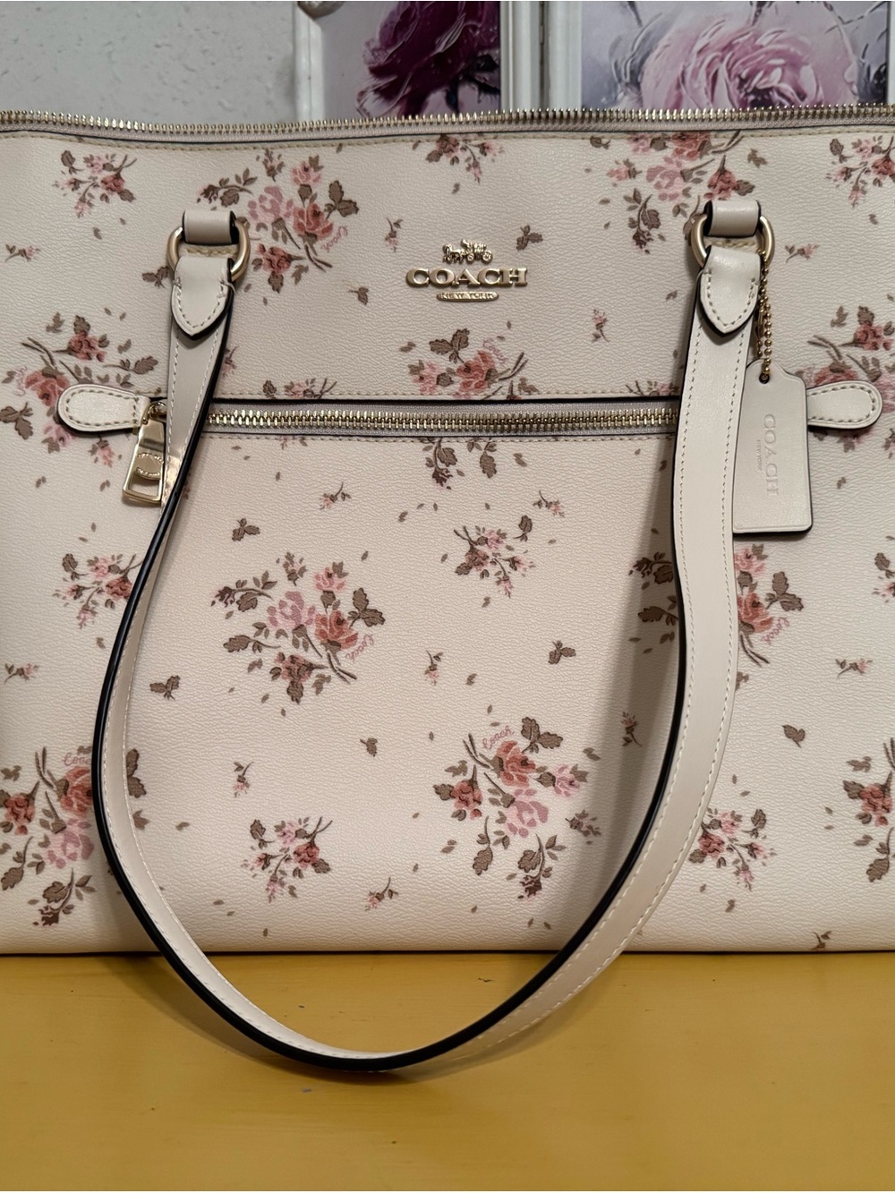 Coach Cream Tote with Pink and Brown Floral Print
